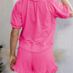 Women's Casual Puff Sleeve Top and Ruffle Shorts Set