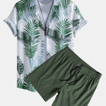 Leaf Print Button Up Shirt & Swim Short