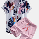 Leaf Color Block Print Button Up Shirt & Swim Short