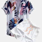 Leaf Color Block Print Button Up Shirt & Swim Short
