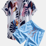 Leaf Color Block Print Button Up Shirt & Swim Short