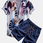 Leaf Color Block Print Button Up Shirt & Swim Short