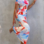 Asymmetrical Shoulder Ruched Floral Print Maxi Dress