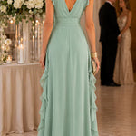 Margovil V Neck High Waist Solid Ruffle Maxi Dress