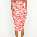 Off Shoulder Ruched Floral Midi Bodycon Dress