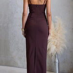 Adjustable Strap Back Slit Ruched Bodycon Maxi Dress
