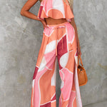 Strapless Ruffle Crop Top Drawstring Waist Wide Leg Pants Printed Set