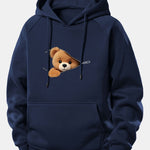 Zipper Bear Print Drawstring Hoodie