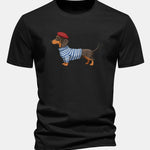 Regular Fit Dachshund Wearing Striped Sweater Print Cotton T-Shirt