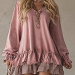 Retro Sporty Style Checkered Trim Powder Pink Sweatshirt Mini Dress