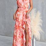 Halter V Neck Backless Floral Print Ruffle Slit Maxi Dress