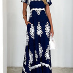 Square Neck Backless Abstract Print Maxi Dress