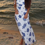 Bow Shoulder Sleeveless Seashell Print Maxi Dress
