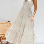 Margovil V Neck Ruffle Trim Tiered Sleeveless Linen Maxi Dress