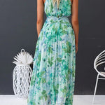 Margovil V Neck Waisted Cut Out Floral Pleated Maxi Dress