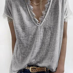 Margovil  V Neck Solid Lace Blouse Top