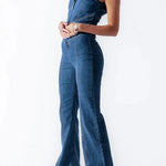 Margovil Zip Up Sleeveless Heart Back Bell Bottom Denim Jumpsuit