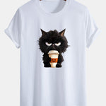 Regular Fit Black Cat Drinking Coffee Print Cotton T-Shirt