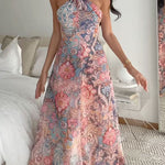 Halter Neck Open Back Floral Print Maxi Dress