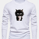 Long Sleeve Black Cat Drinking Coffee Print Cotton T-Shirt