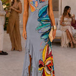 One Shoulder Floral Print Ruffle Hem Slit Maxi Dress