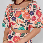Puff Sleeves Back Cut Out Floral Print Crop Top