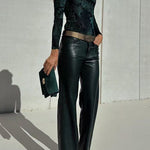 Margovil High Rise Faux Leather Pocketed Straight Leg Pants