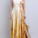 Mockneck Sleeveless Floral Print Ruffle Slit Maxi Dress