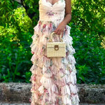 Strapless Floral Print Ruffle Layered Maxi Dress