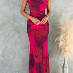 One Shoulder Floral Print Mesh Bodycon Maxi Dress