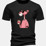 Regular Fit Pink Panther Drinking Coffee Print Cotton T-Shirt