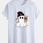 Regular Fit Halloween Ghost Coffee Print Cotton T-Shirt