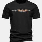 Regular Fit Zipper Cat Print Cotton T-Shirt