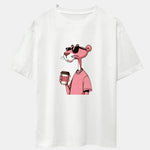 Pink Panther Drinking Coffee Print Drop Shoulder Oversize T-Shirt