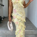 Margovil Spaghetti Strap Backless Ruffle Trim Printed Maxi Dress