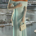 Margovil Off Shoulder Long Sleeves Knot Waist Draped Maxi Dress