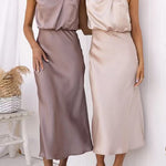High Neck Zipper Back Waisted Satin Midi Dress