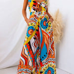 Spaghetti Strap Cut Out Wide Leg Printed Jumpsuit