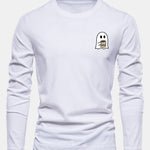 Long Sleeve Ghost Drinking Coffee Print Cotton T-Shirt