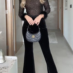 Margovil Feather Cuffs Bell Bottom Velvet Splice Jumpsuit
