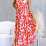 Halter Backless Waisted Floral Print Swing Maxi Dress
