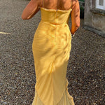 Margovil Spaghetti Strap Mesh Splice Draped Ruffle Maxi Dress