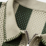 Striped Eyelet Knit Zip Up Polo Shirt & Straight Leg Linen Pants