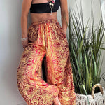 Vintage Boho Ethnic Print High Rise Elastic Drawstring Waist Pocketed Loose Pants