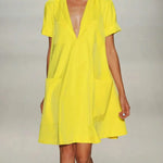 Loose Short Sleeves Pockets Solid Color Notched Collar Mini Dresses