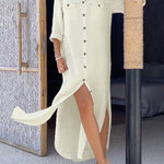 Long Sleeves Loose Buttoned Pockets Split-Side Lapel Maxi Dresses Shirt Dress