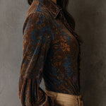 Chic Boho Floral Print Velvet Blouse With Ruffle Trim