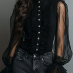 Vintage High Neck Black Sheer Organza Blouse With Ruffle Trim