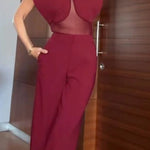 Vita Mesh Patchwork High Neck Wide Sleeve Bodysuit and High Rise Pocket Slit Pants Set