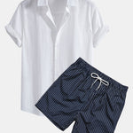Linen Look Cotton Button Up Shirt & Striped Print Swim Shorts